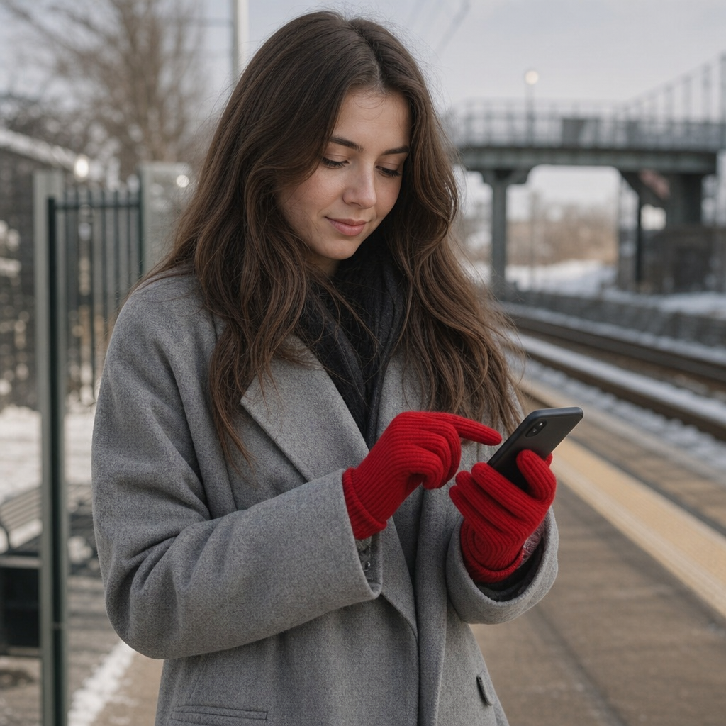 Woman using her phone while wearing Tactova scarlet red touchscreen wool gloves
