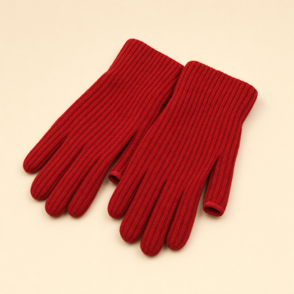 Tactova scarlet red touchscreen wool knit gloves on a warm beige studio backdrop