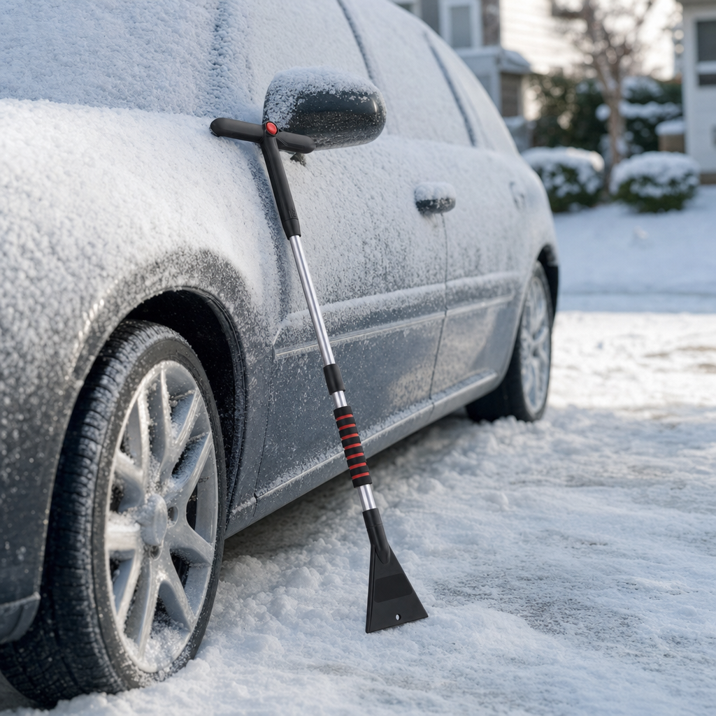 Frostra scraper leaning against a snow-covered car in a driveway