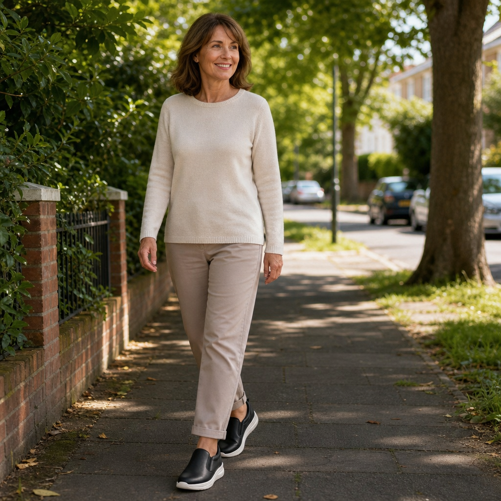 Woman walking outdoors wearing Glidova orthopaedic slip-on sneakers