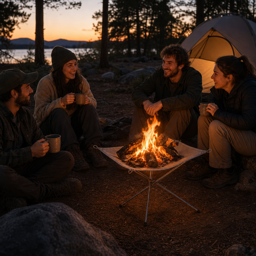 Friends around the lit Emberix fire pit at a campsite