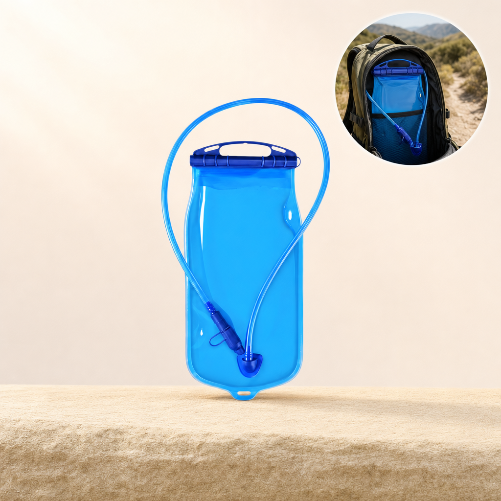 Hydora hydration bladder on sandstone ledge with in-use inset