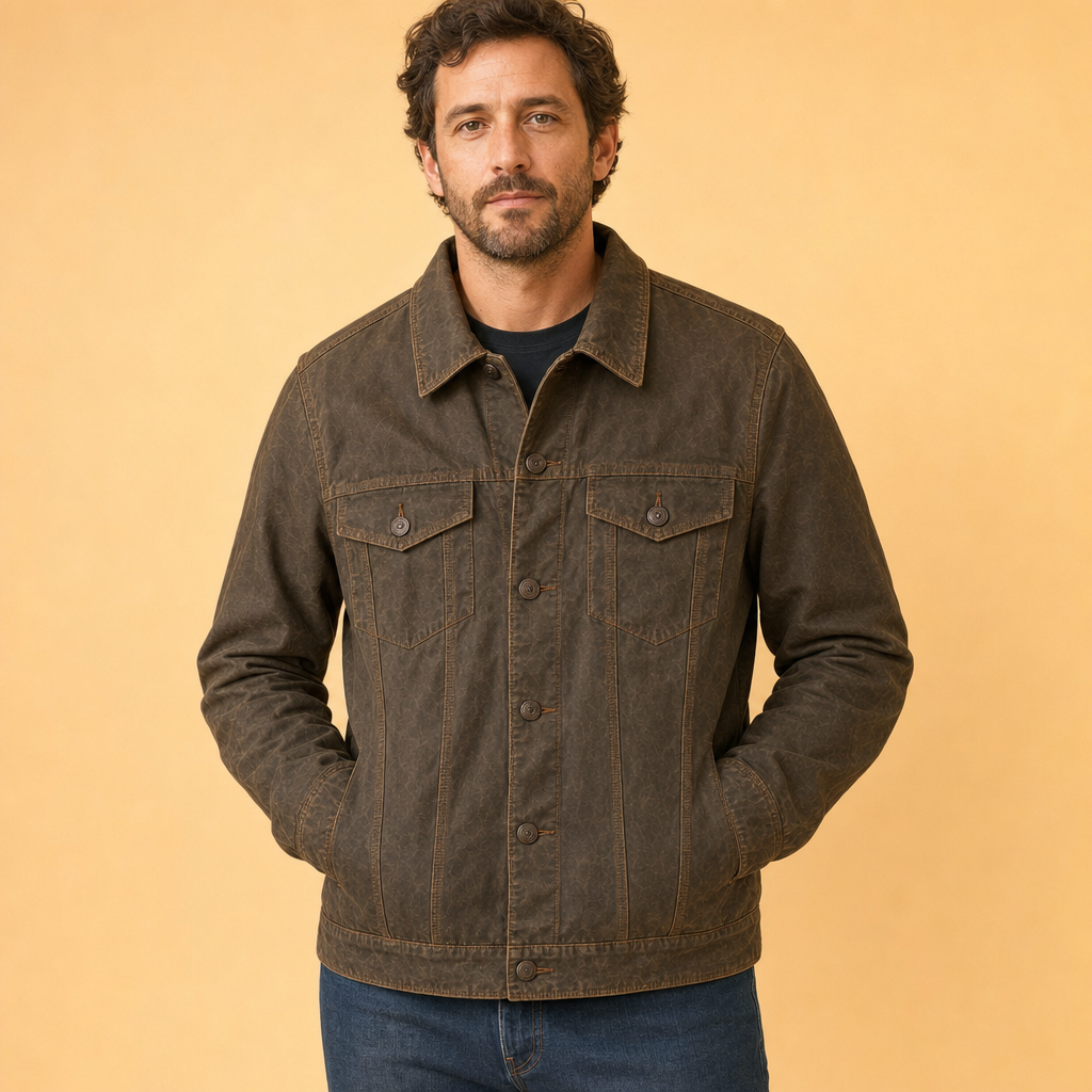 Man wearing brown waxed trucker jacket