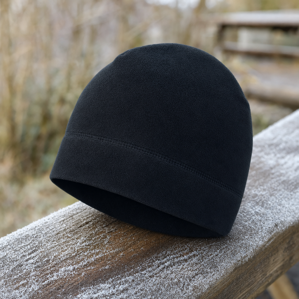 Close-up of the Polara beanie on a frosty railing