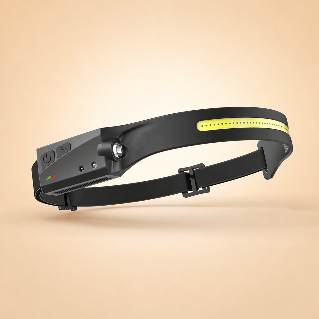 Lumora rechargeable LED headlamp on a warm beige studio backdrop