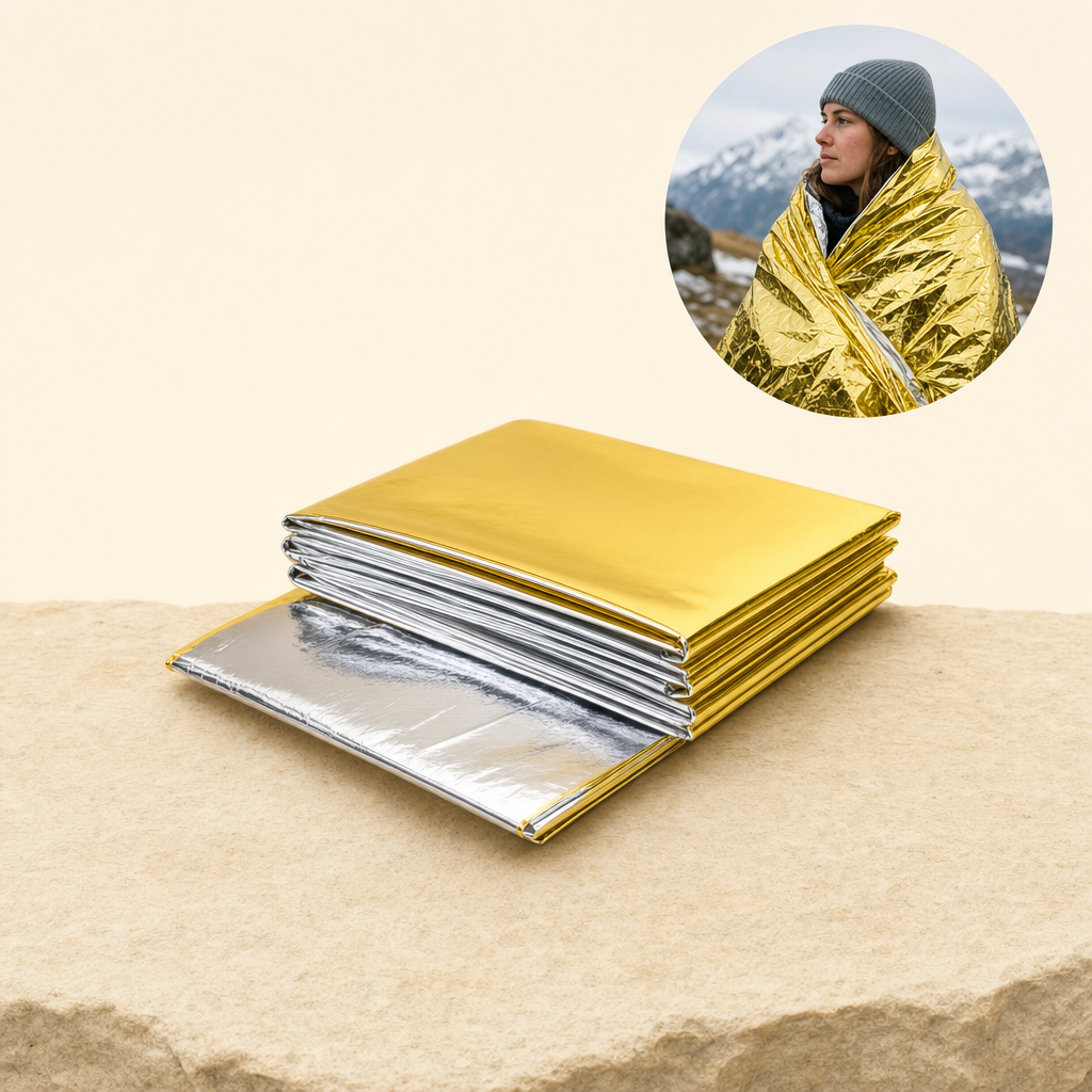 Survora foil blanket on sandstone ledge with in-use inset