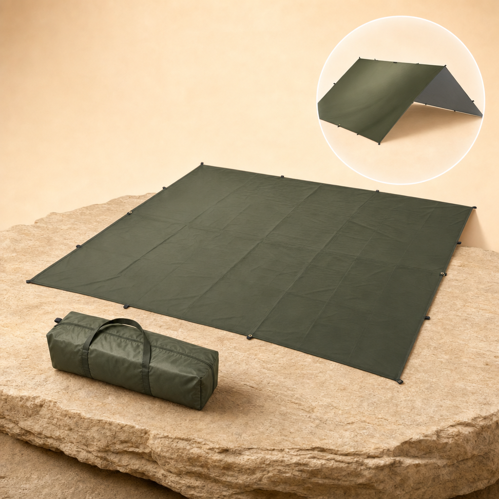Canora olive green tarp with storage bag and in-use inset