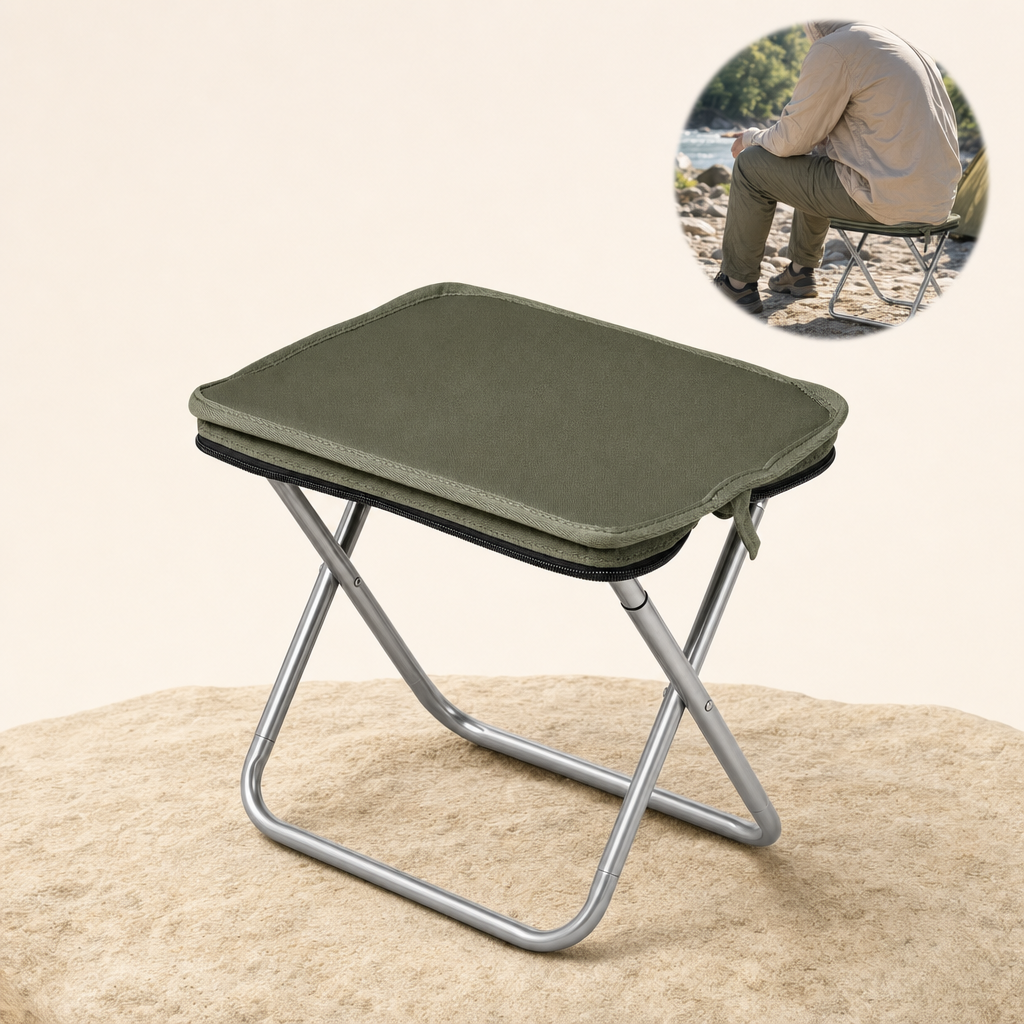 Foldix folding camping stool green on sandstone with in-use inset