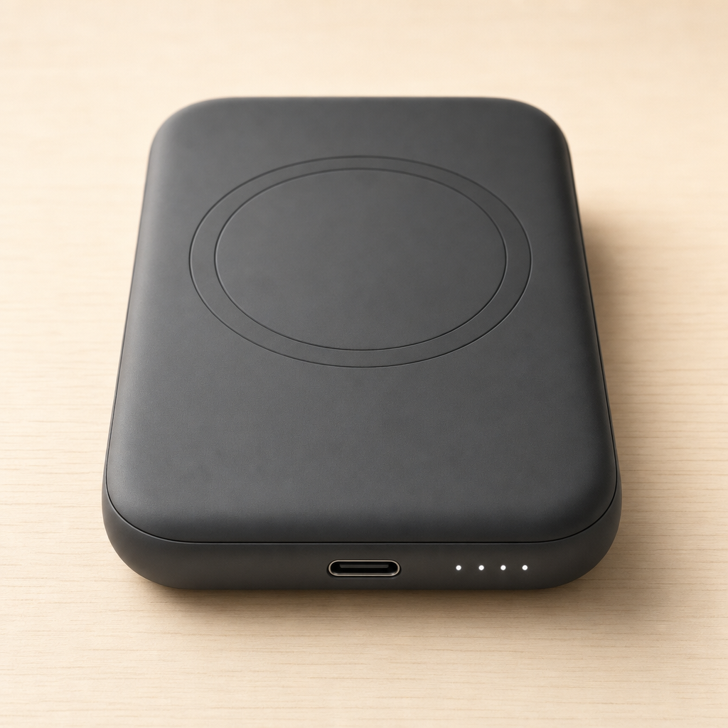 Voltova power bank close-up showing USB-C port and LED dots