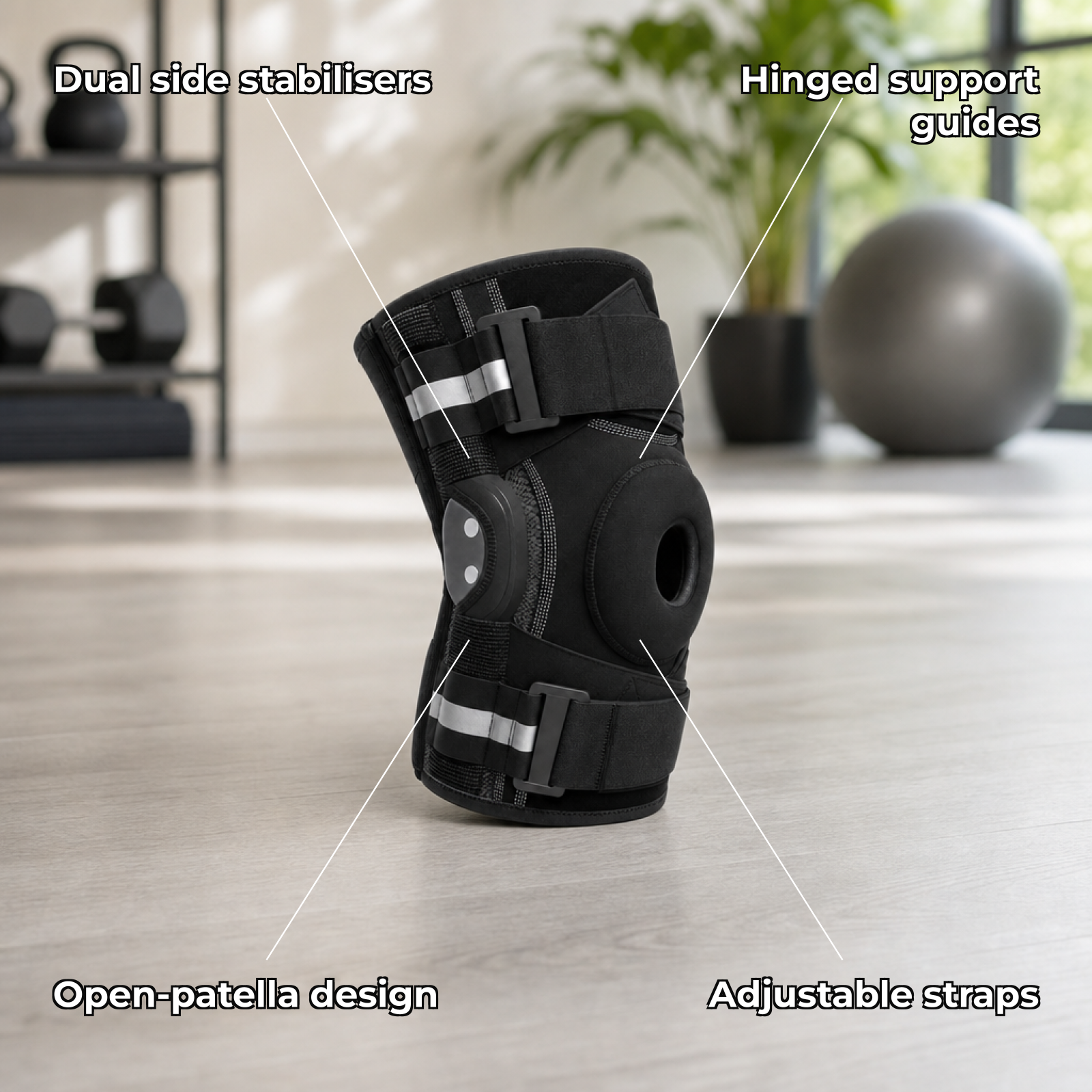 Steadora features: dual side stabilisers, hinged guides, open-patella, adjustable straps