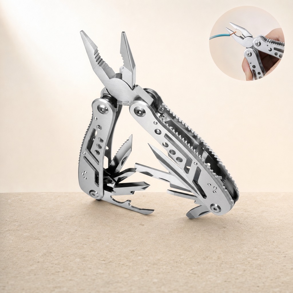 Mendora multi-tool in use on a rock ledge — silver
