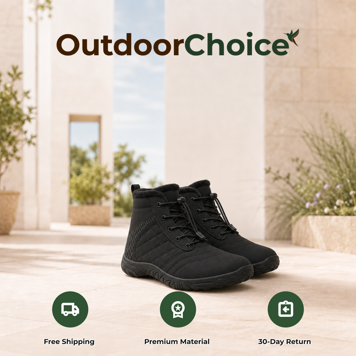 Glacix winter barefoot shoes with OutdoorChoice service badges