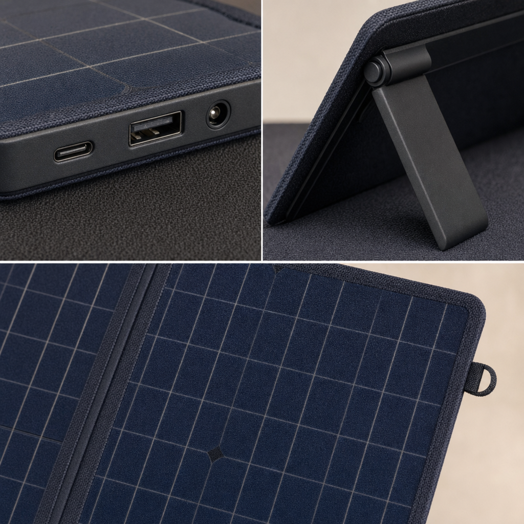 Close-up of the Solvix solar panel USB-C, USB-A and DC output ports