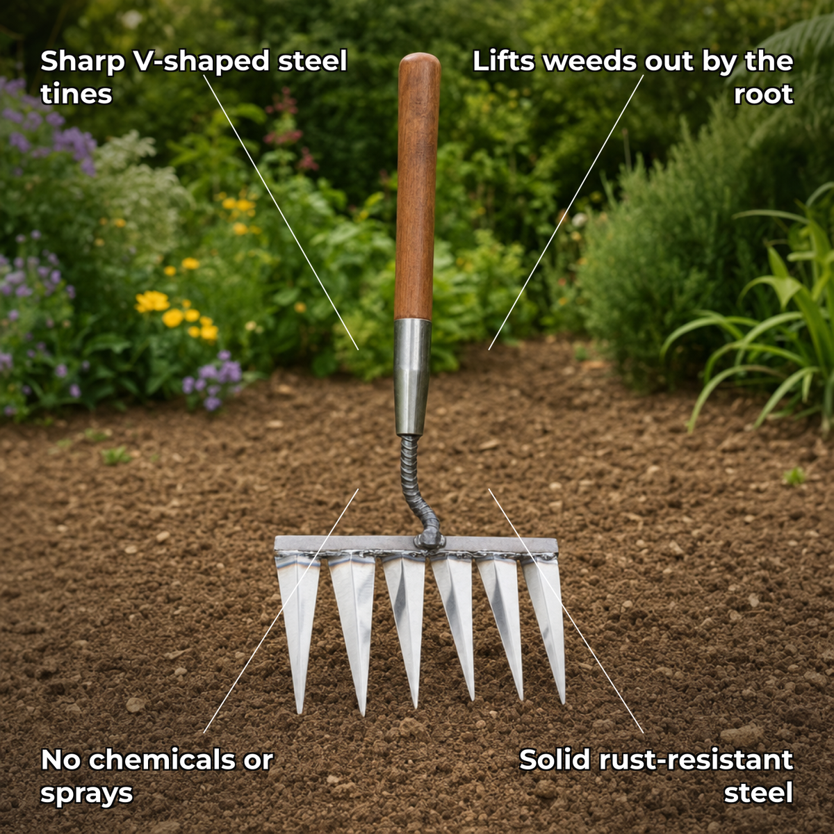 Tinora rake key features: sharp steel tines, root-deep weeding, no chemicals