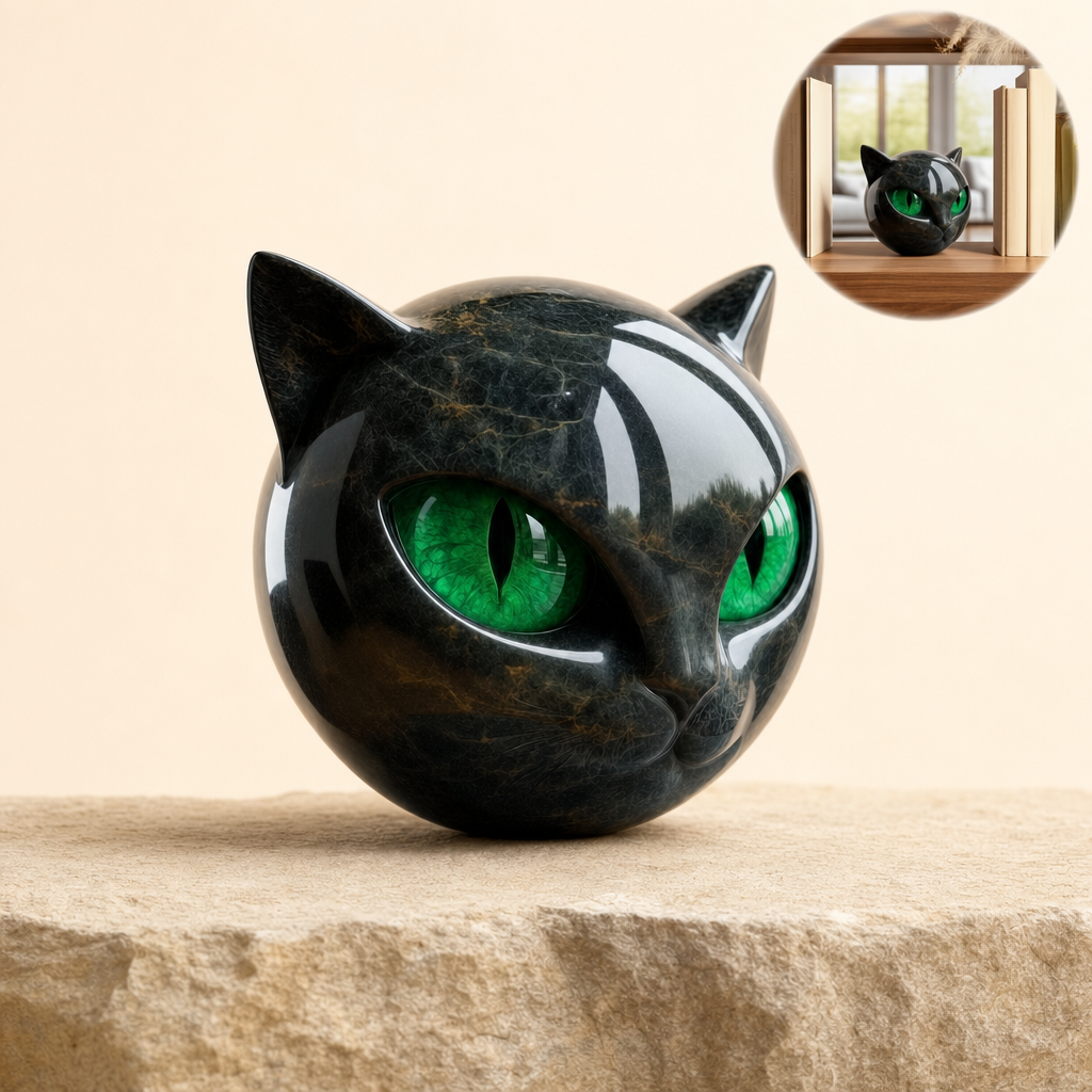 Feluna sculpture with green eyes on sandstone ledge with shelf inset