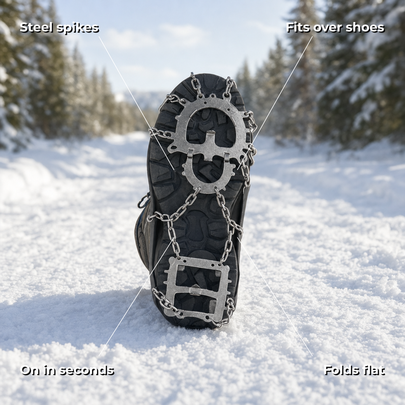 Tractix features - steel spikes, fits over shoes, on in seconds, folds flat