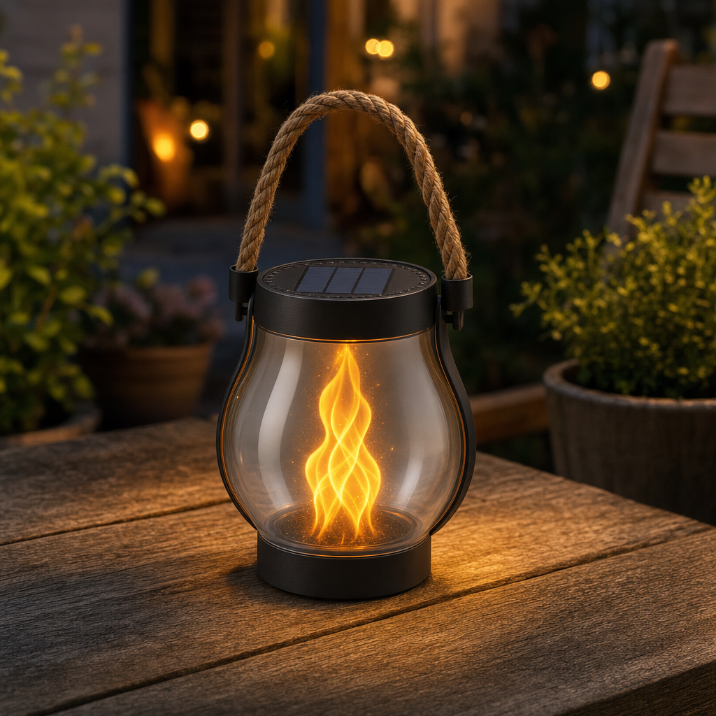Embora lantern close-up glowing on a wooden garden table at dusk