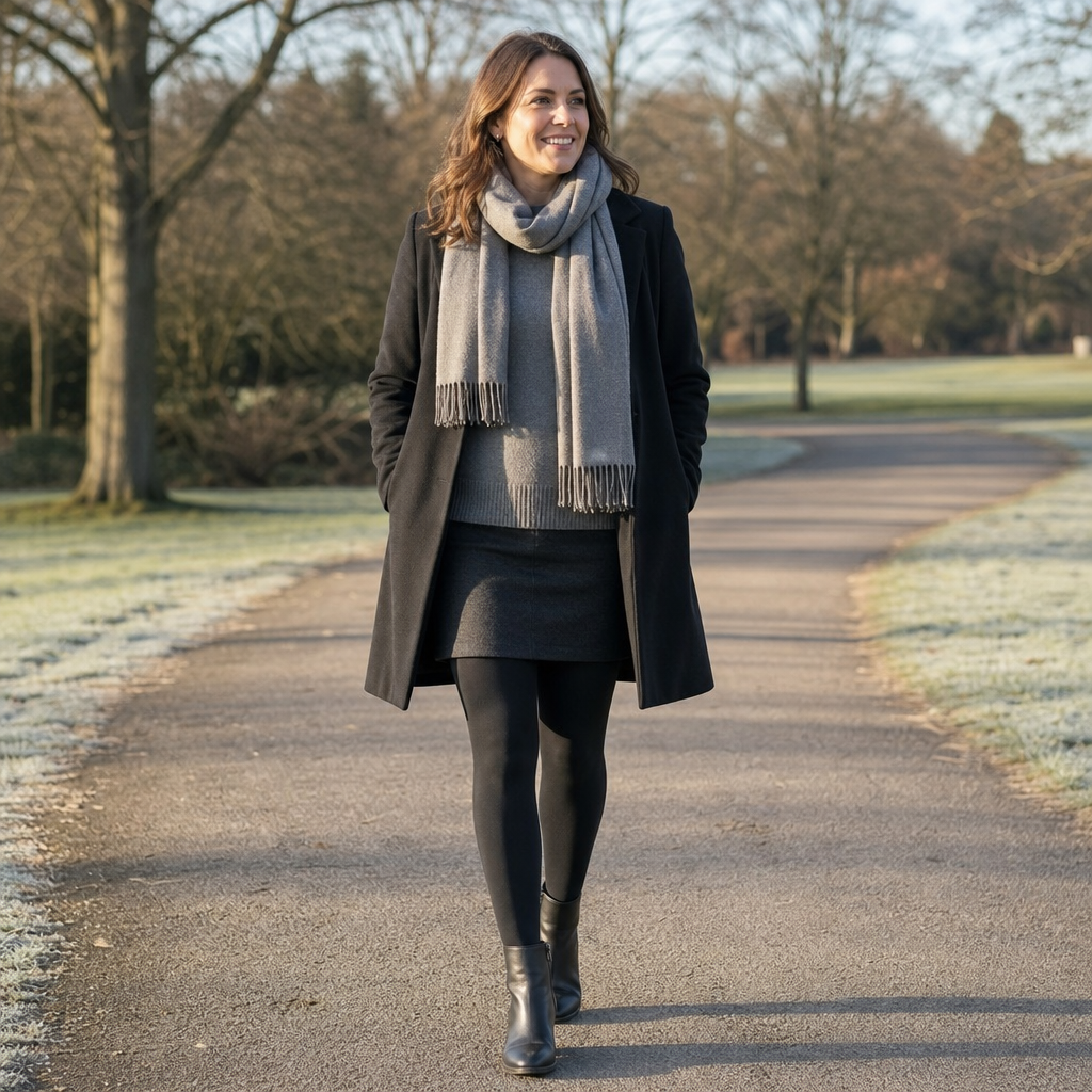 Woman wearing Legova thermal tights under a skirt on a frosty park path
