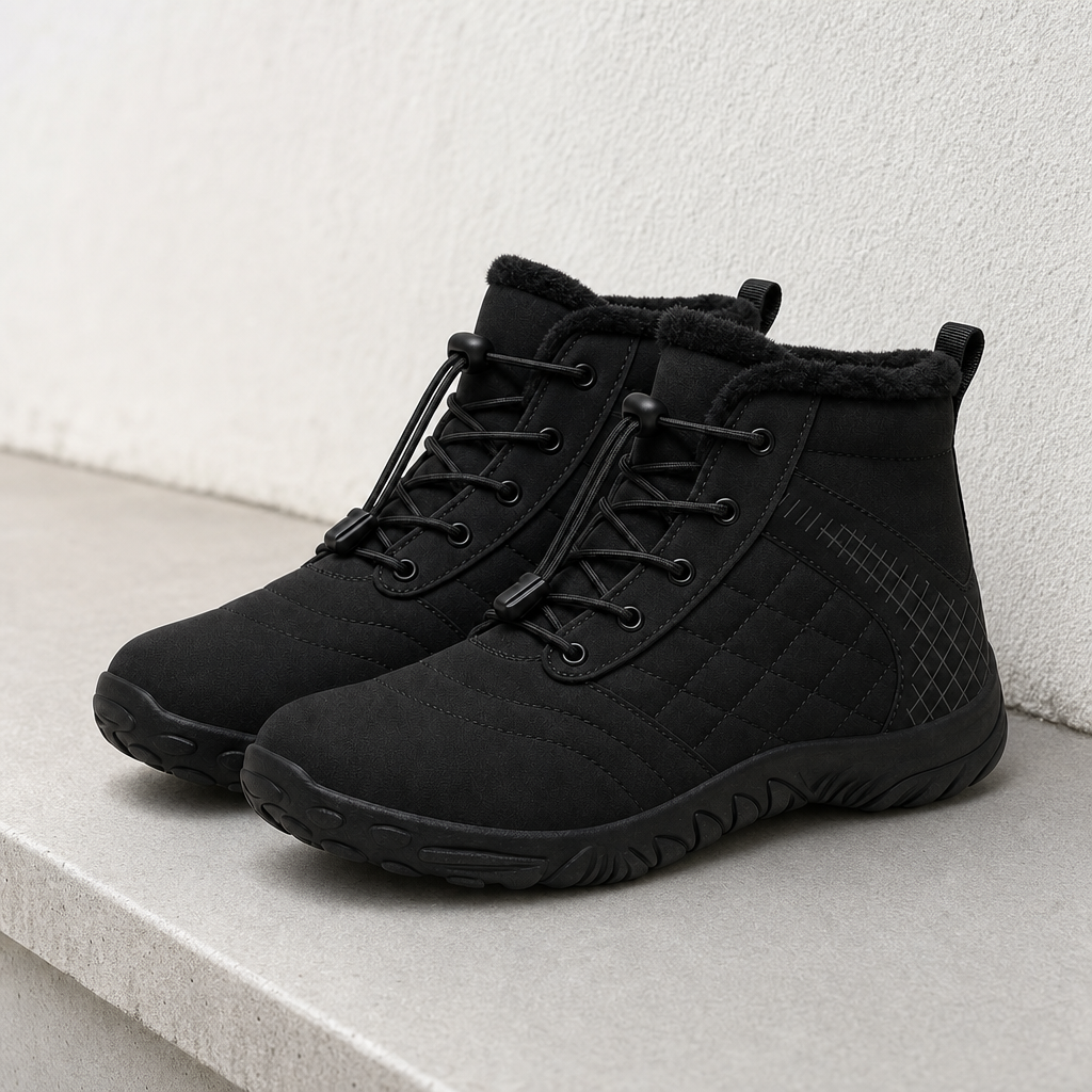 Glacix winter barefoot shoes on a clean concrete step