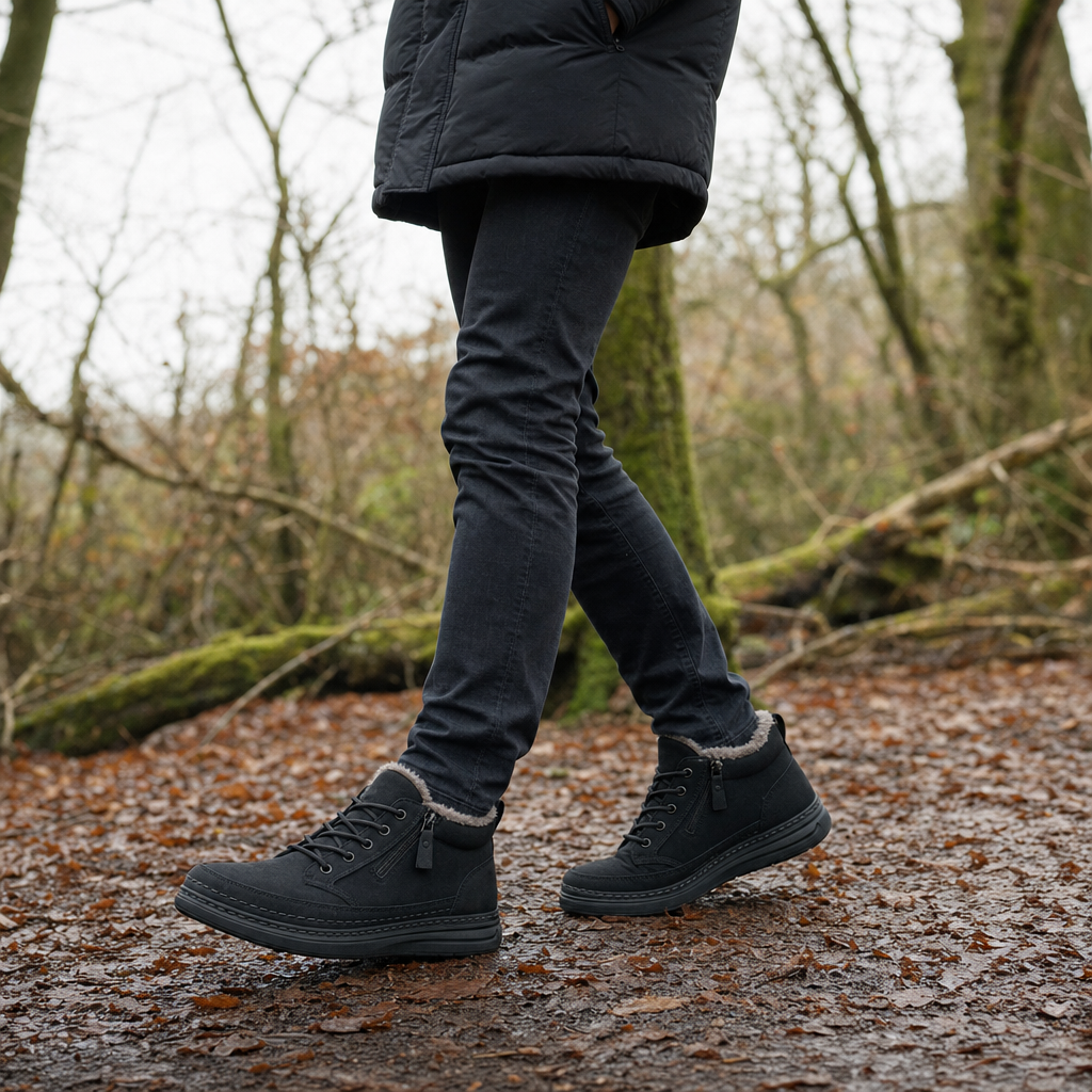 Wintra winter shoes worn on a woodland trail