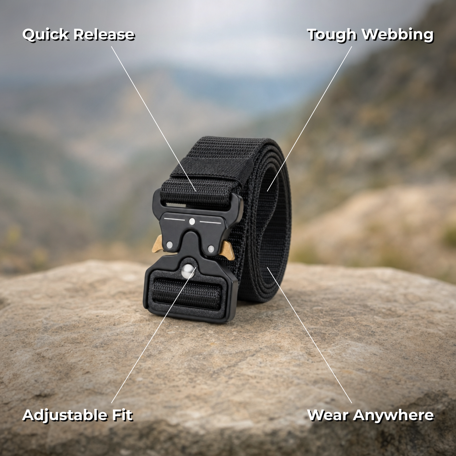 Beltix features: quick release, tough webbing, adjustable fit