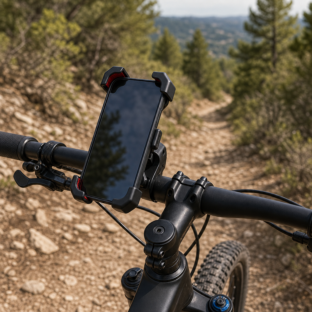 Mountix holding a phone on a mountain-bike handlebar on a trail