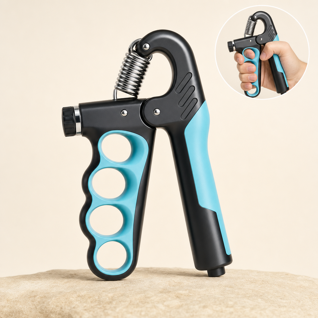 Torqora blue adjustable hand grip strengthener on a sandstone ledge with in-use inset