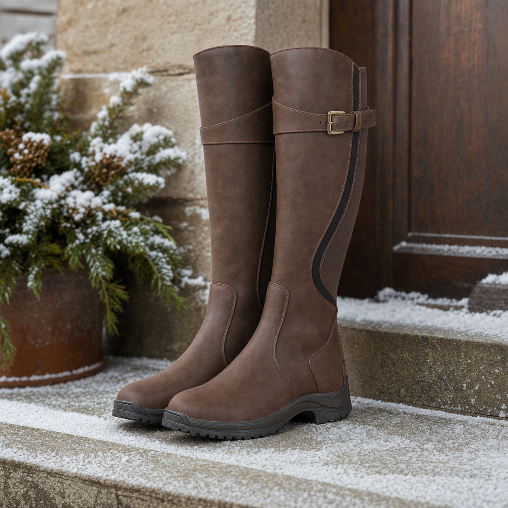 Frostride winter boots close-up on a frosty doorstep