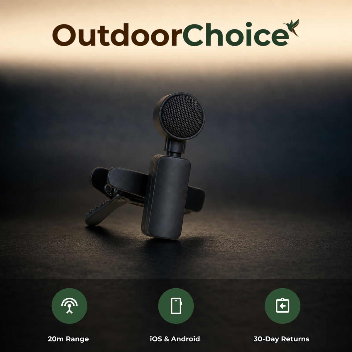 OutdoorChoice quality badges: 20m range, iOS and Android, 30-Day Returns