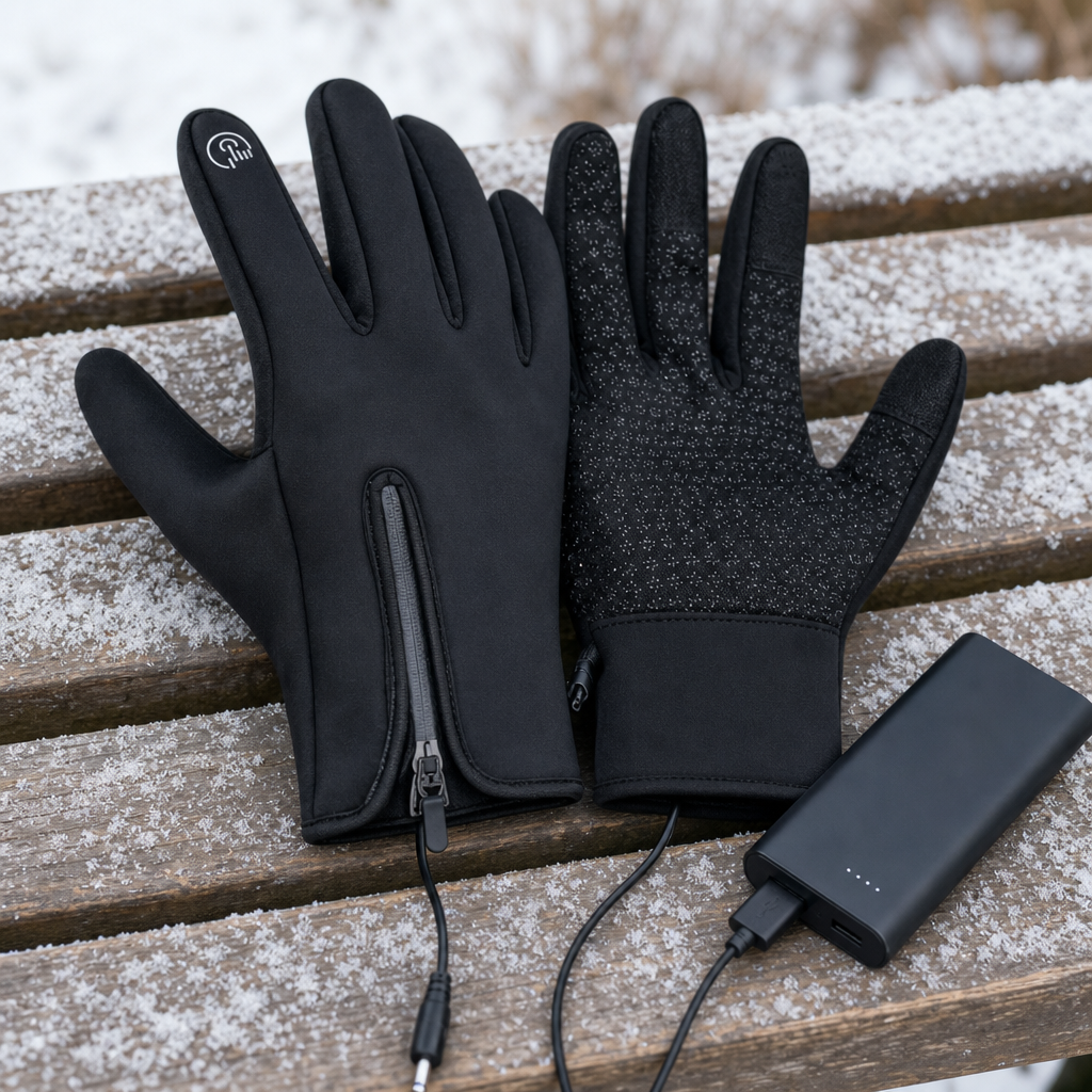 Thermara gloves close-up with USB power bank in winter
