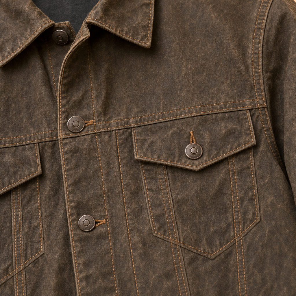 Waxed cotton jacket seam and button detail