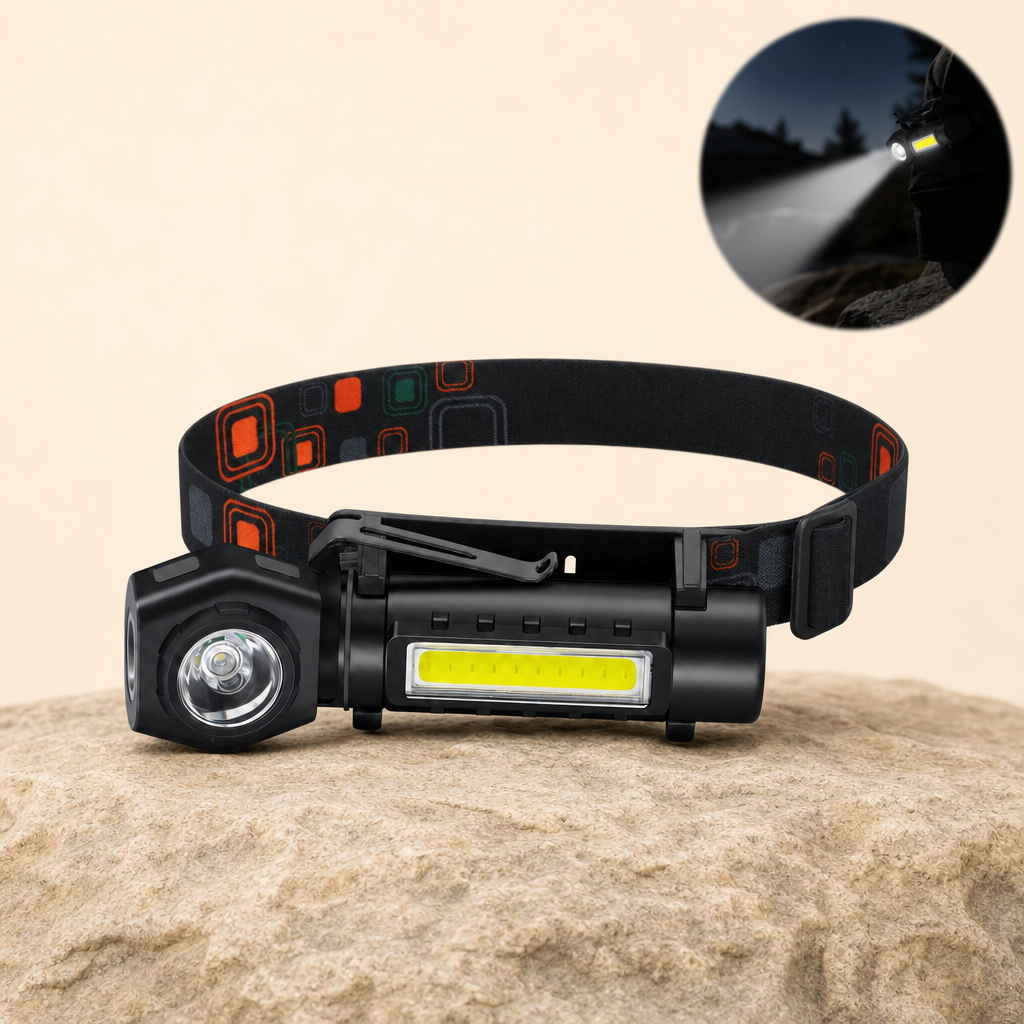 Noctix LED torch on a sandstone ledge with a product-in-use inset