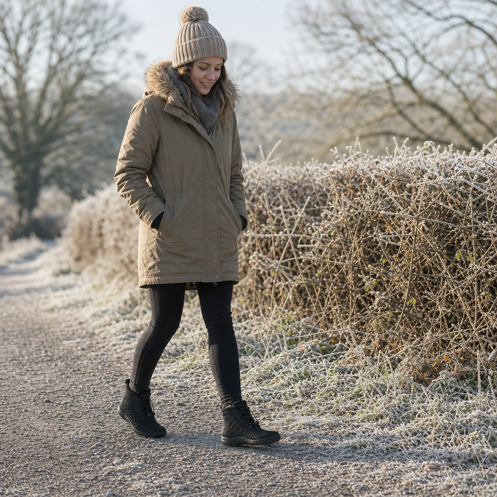 Glacix winter barefoot shoes worn on a frosty countryside path
