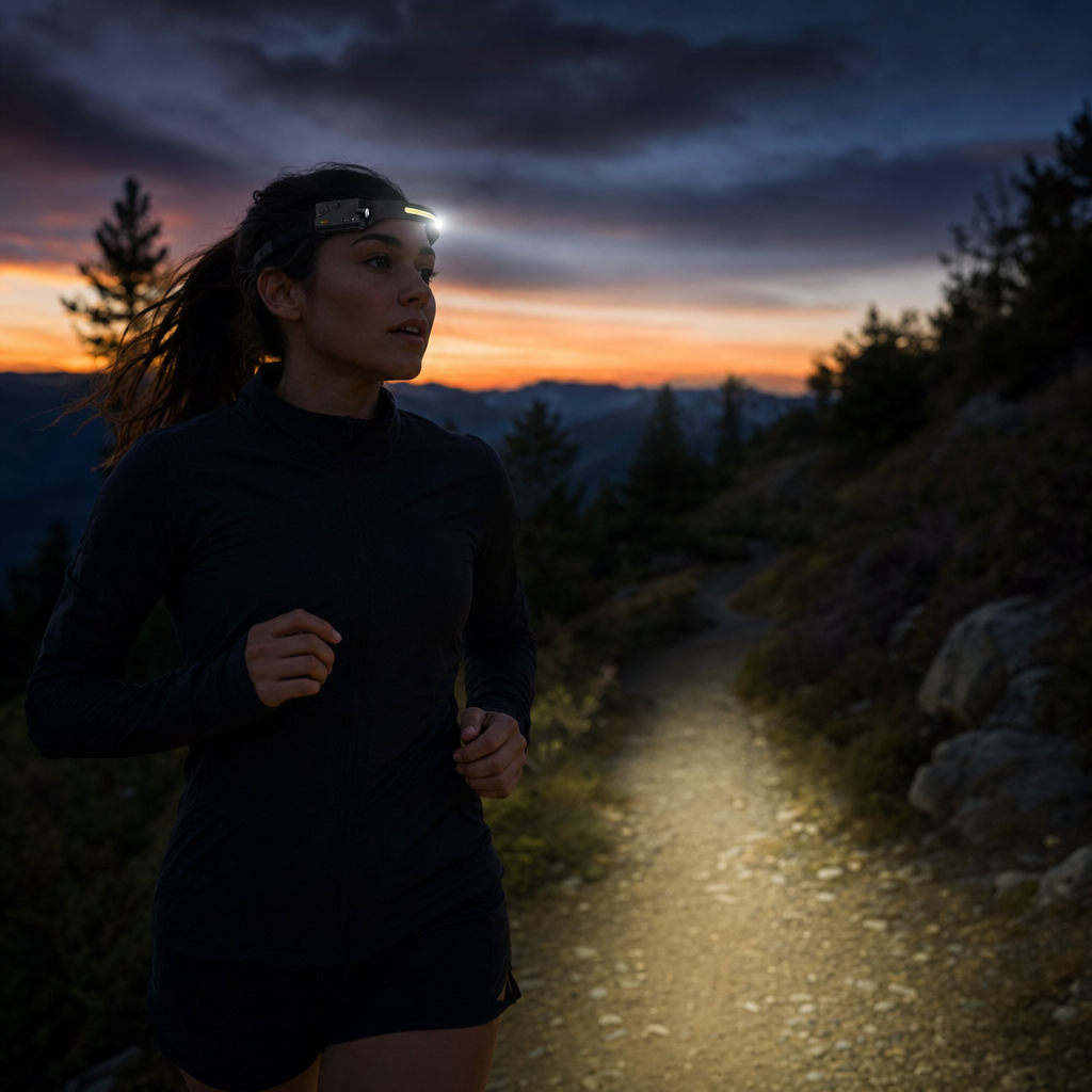 Person wearing the Lumora headlamp on a dusk trail