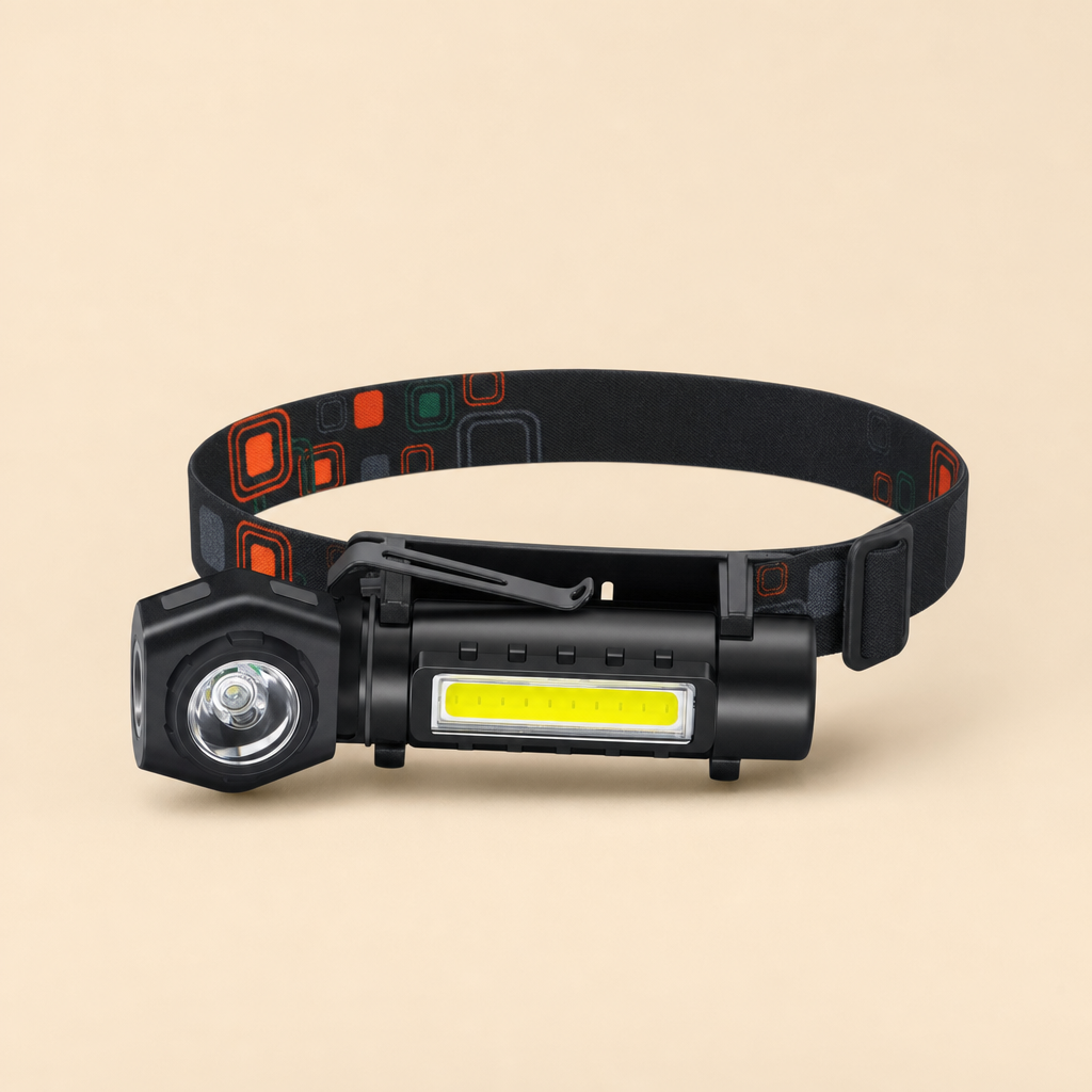 Noctix 2-in-1 LED torch and headlamp on a warm beige studio background