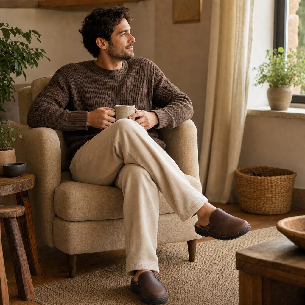 Man relaxing at home wearing Comfora brown leather slippers