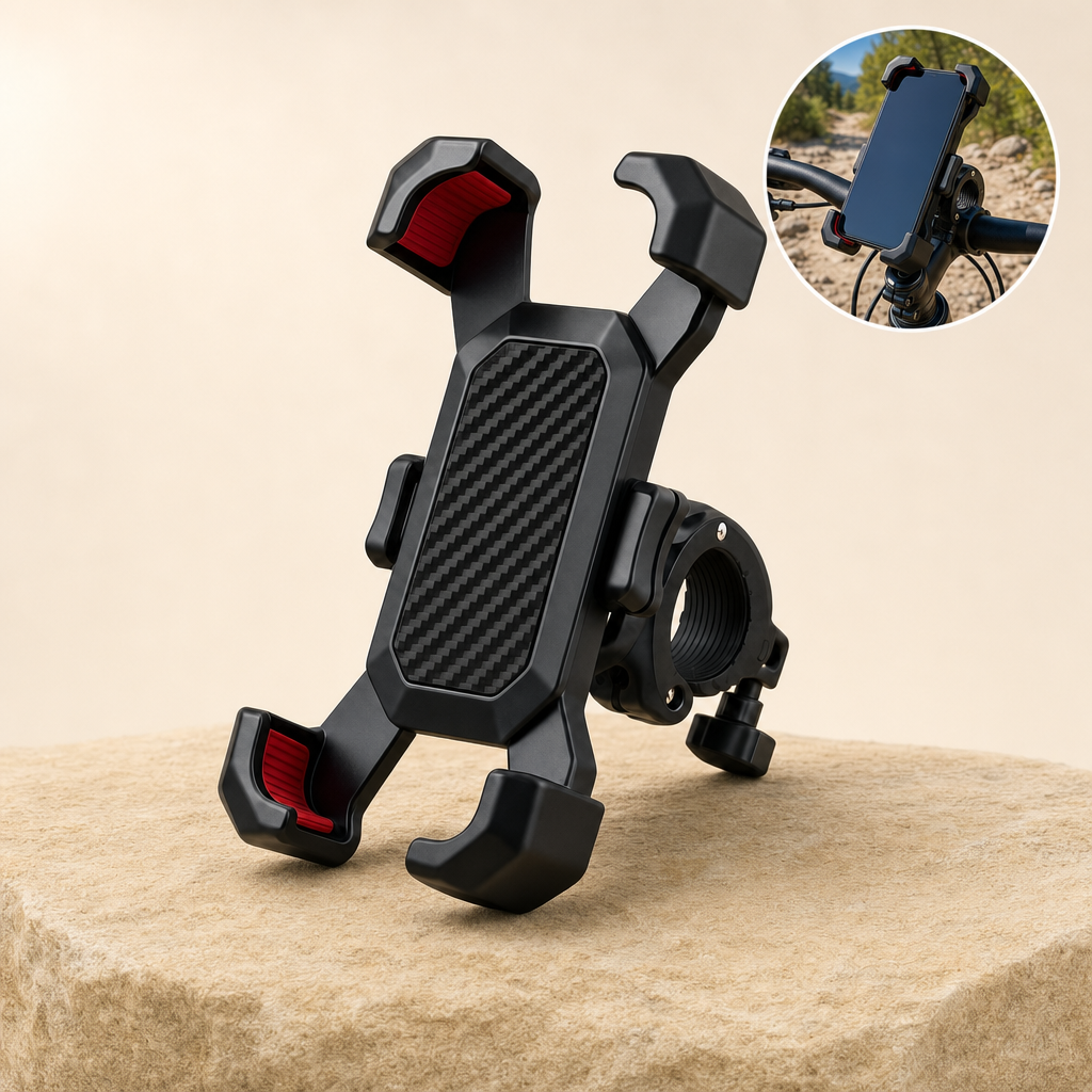 Mountix 360 bike phone mount on sandstone with round top-right in-use inset
