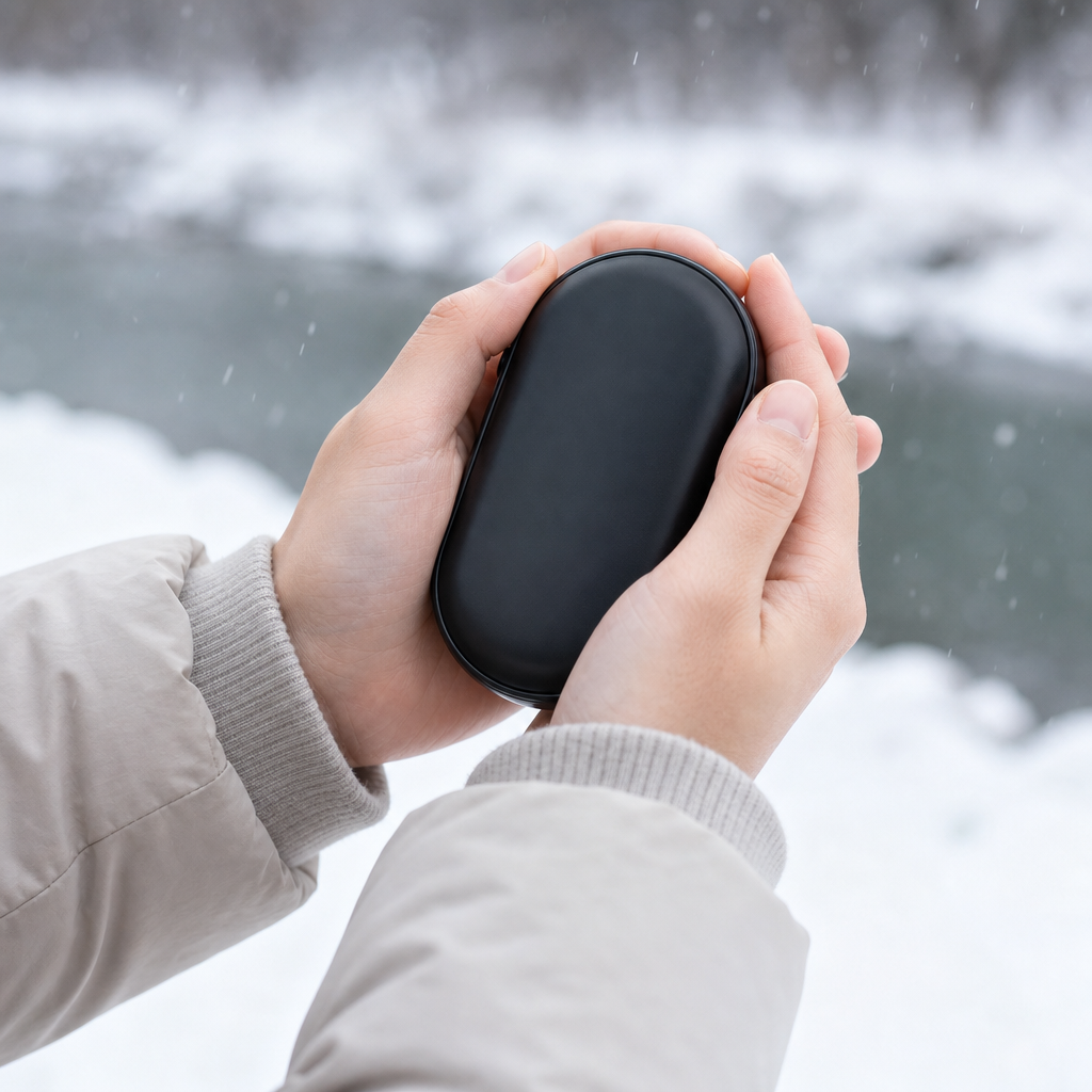 Person warming hands with Palmora outdoors