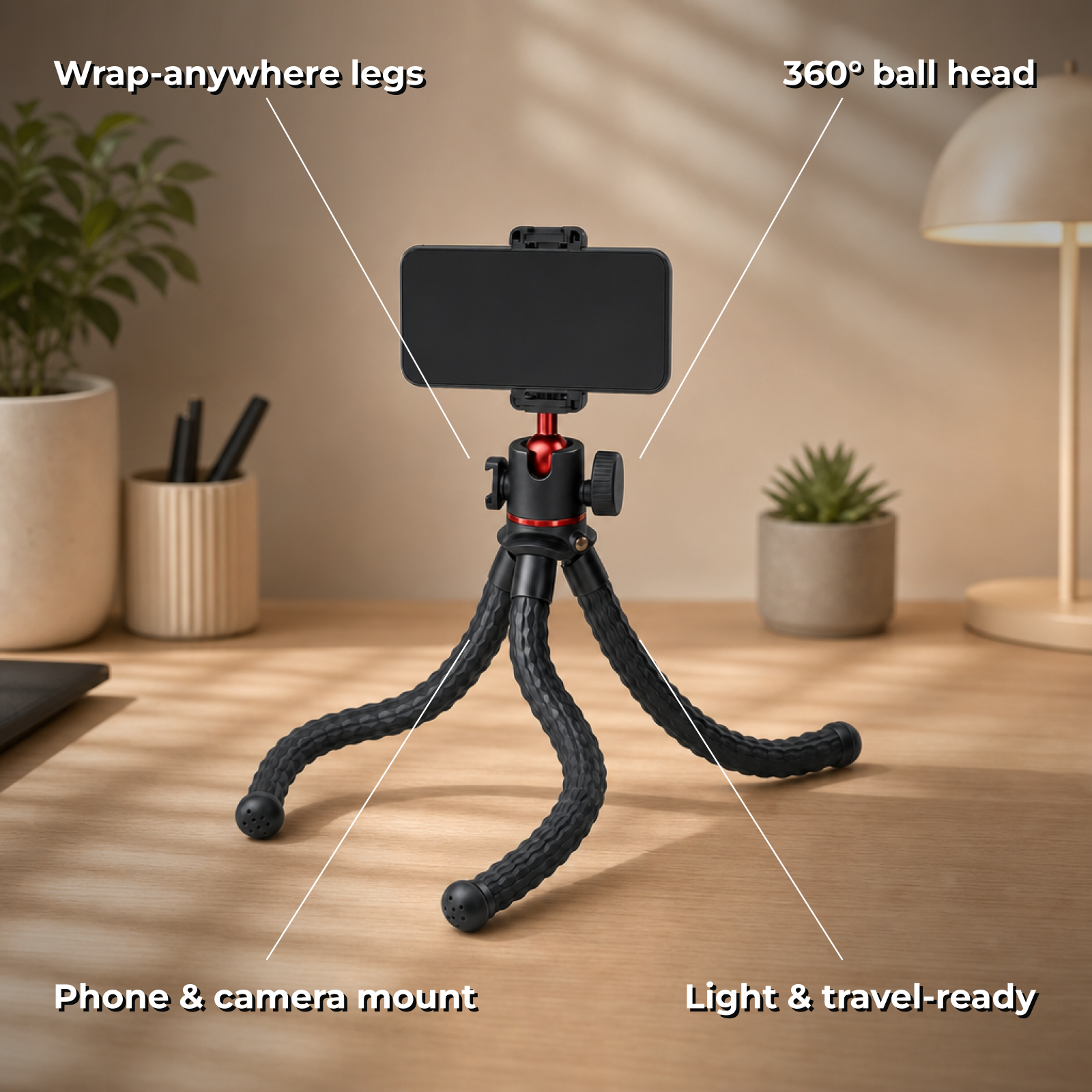 Flexora features: wrap-anywhere legs, 360 ball head, phone mount