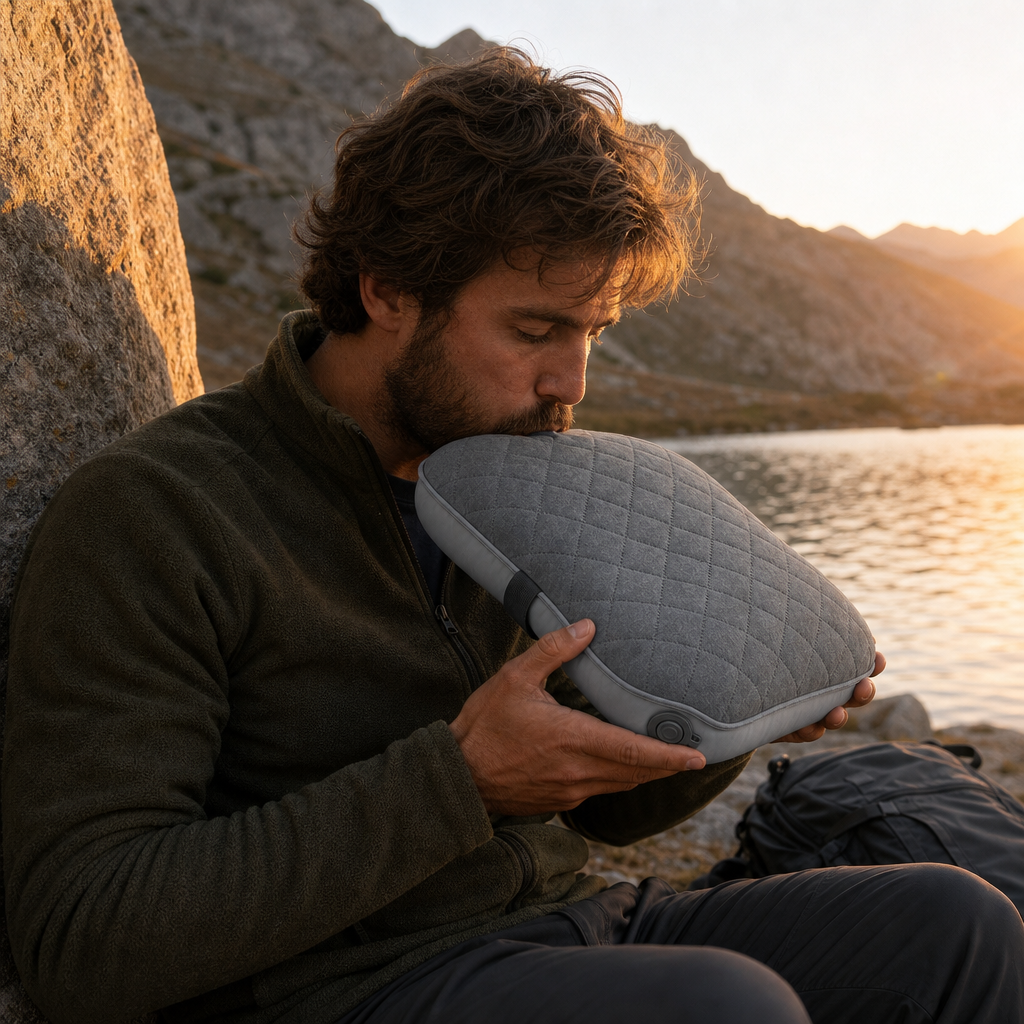 Hiker inflating the Loftra camping pillow by a mountain lake
