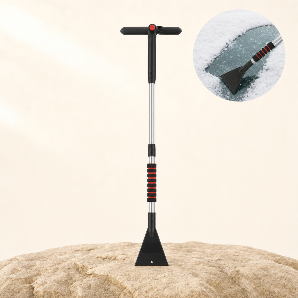 Frostra snow brush and ice scraper on a sandstone ledge with in-use inset
