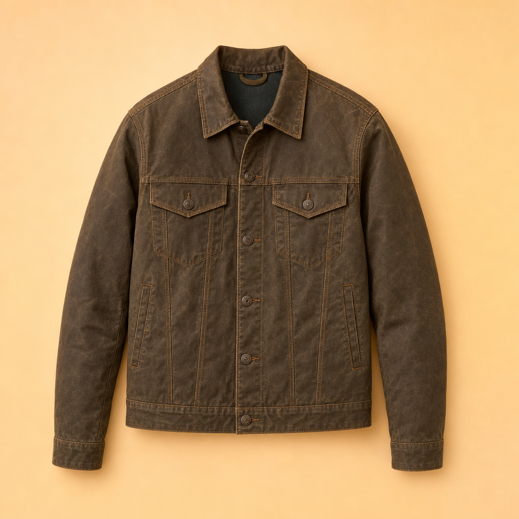 Waxora waxed trucker jacket in brown, front