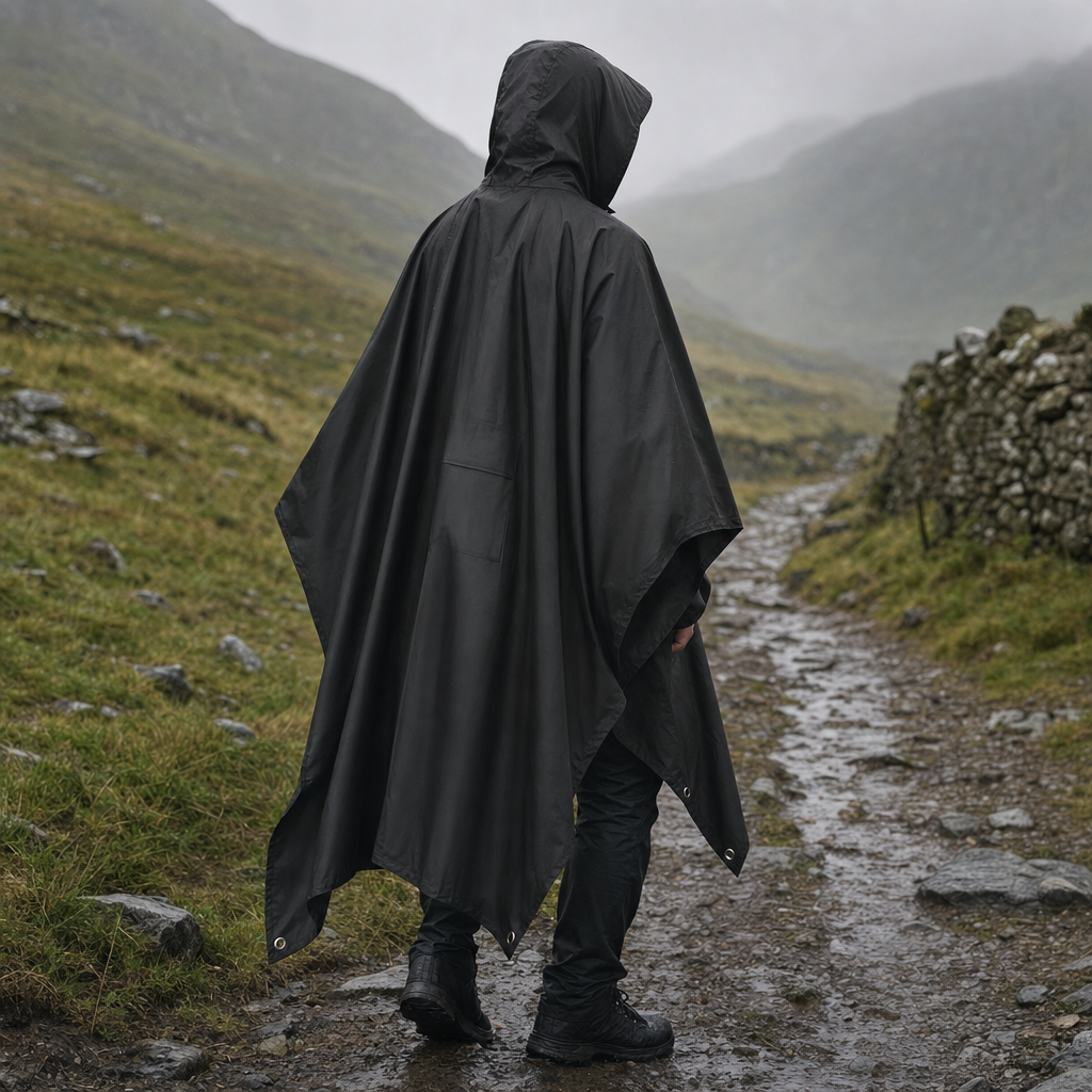 Nimbora rain poncho worn on trail