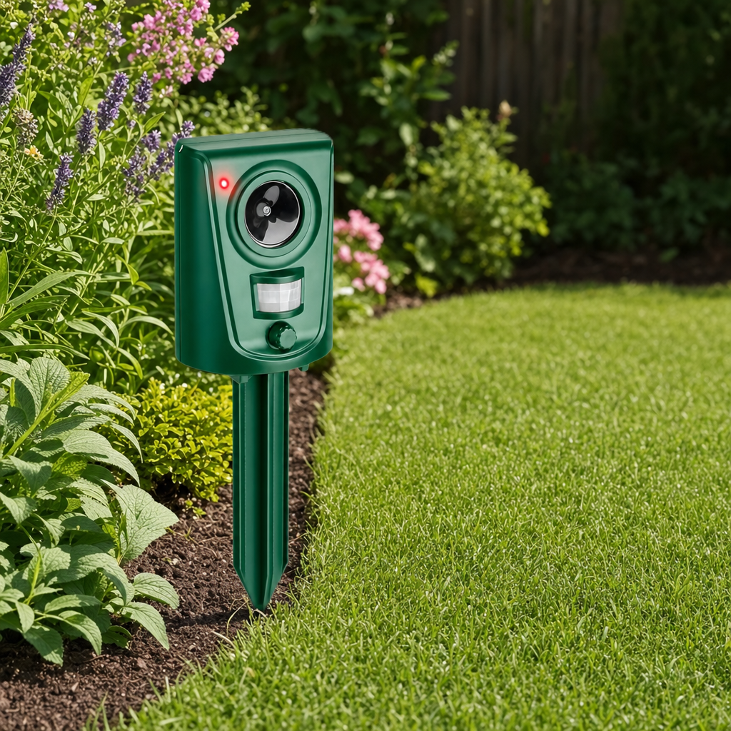 Felora cat repeller staked at the edge of a lawn