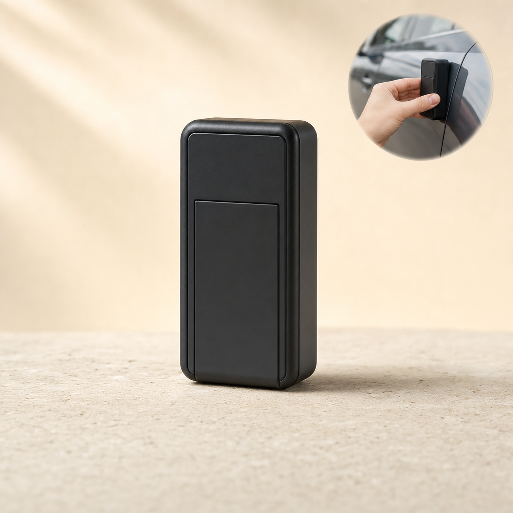 Locora GPS tracker on sandstone ledge with in-use inset