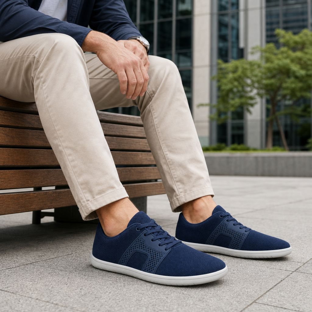 Man seated outside an office wearing Stridon barefoot sneakers