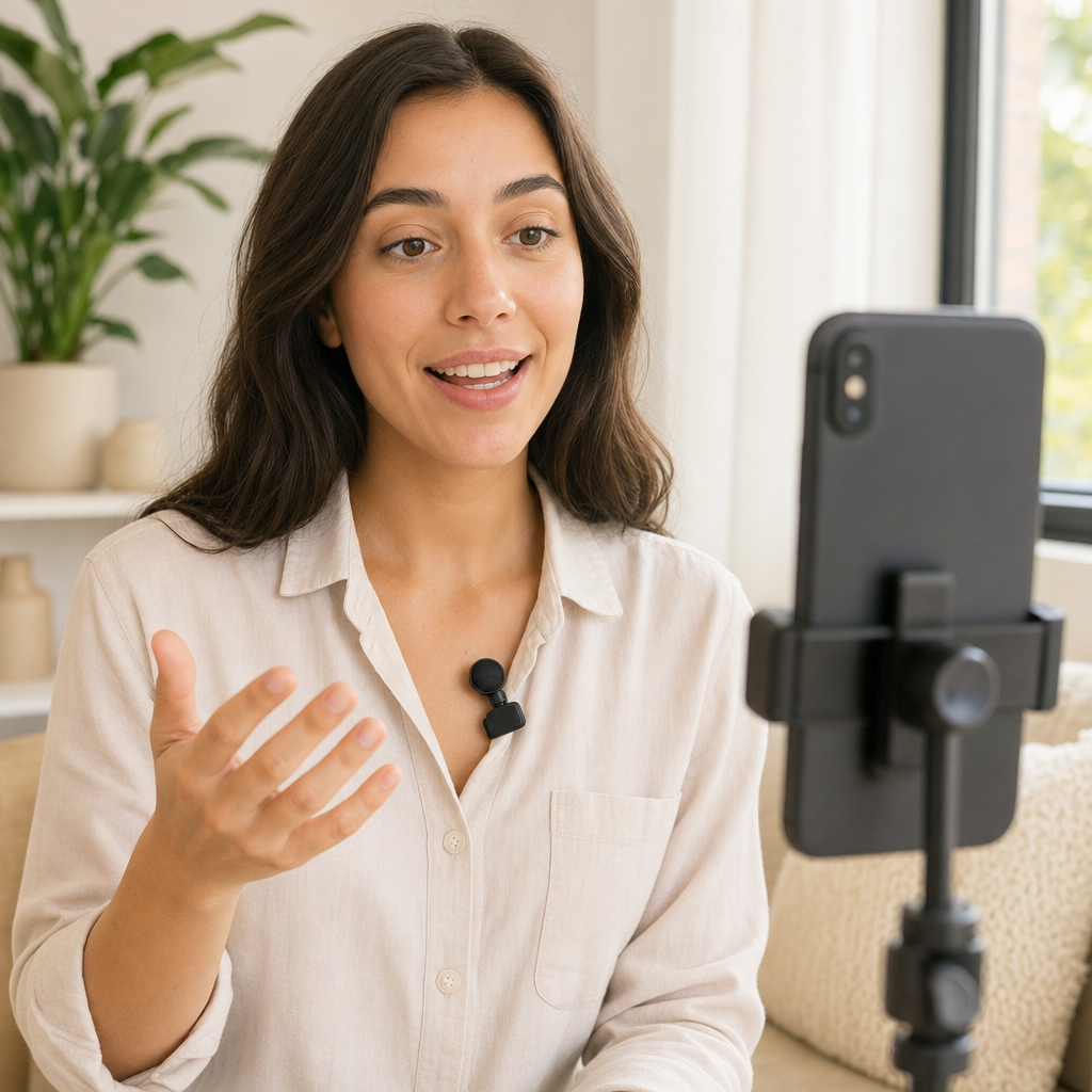 clarova clip-on mic on a creator's collar while filming on a phone