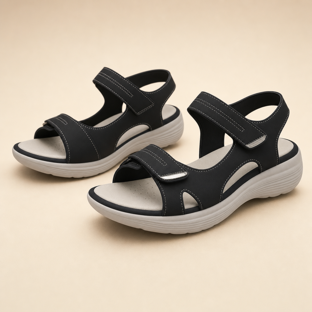 Wideva wide-fit comfort sandals in black on a warm beige studio backdrop