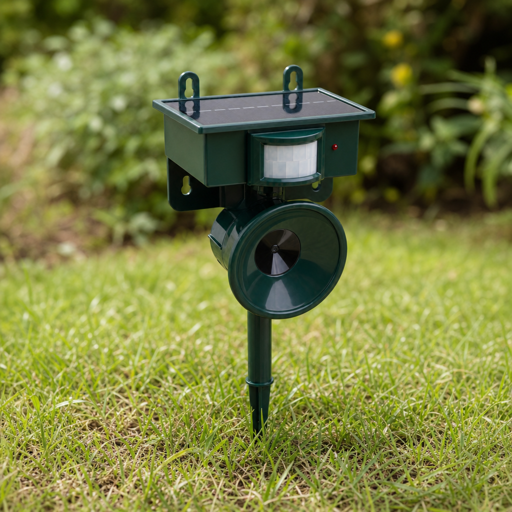 Corvora solar ultrasonic bird repeller staked in a garden lawn