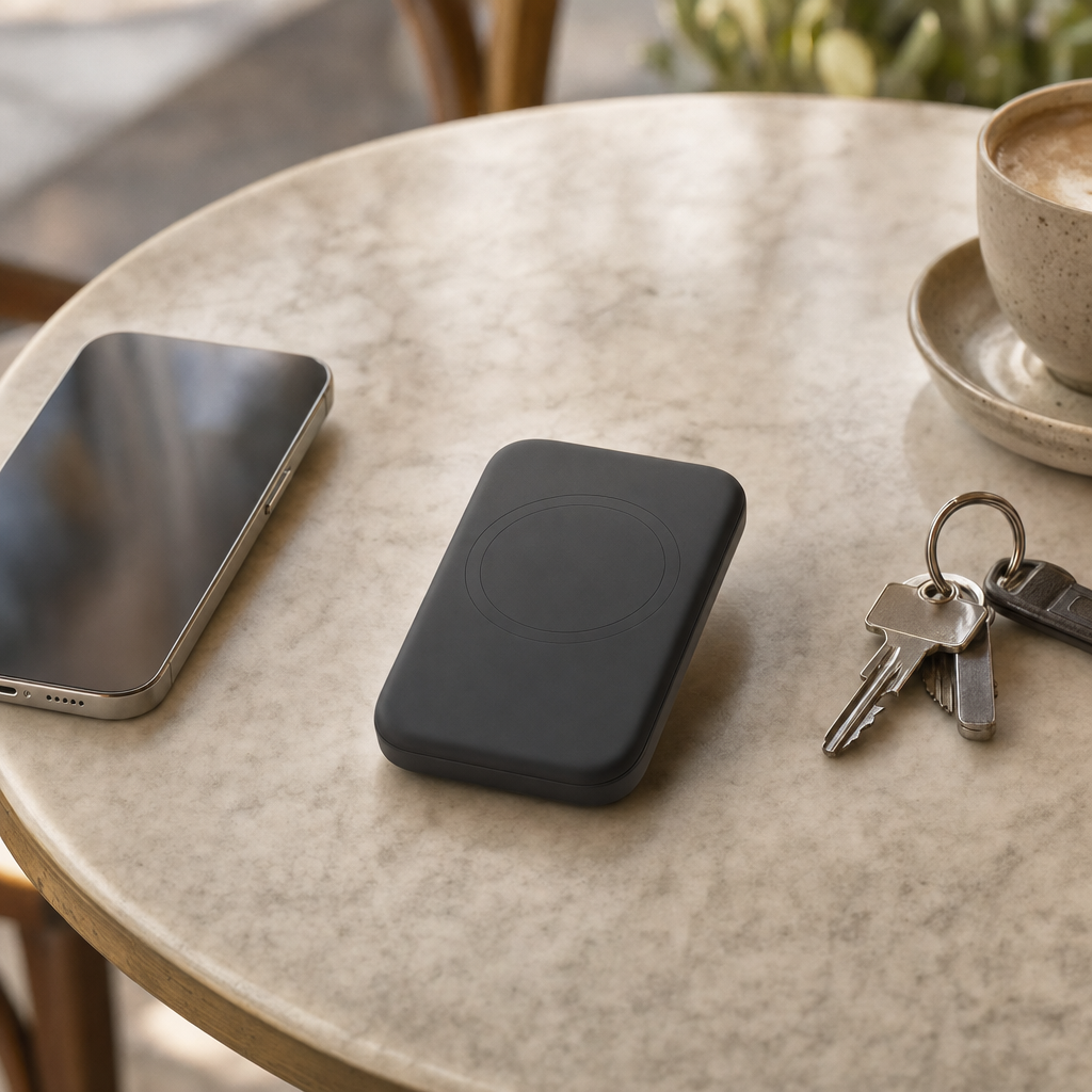 Voltova power bank on a cafe table beside a phone and keys